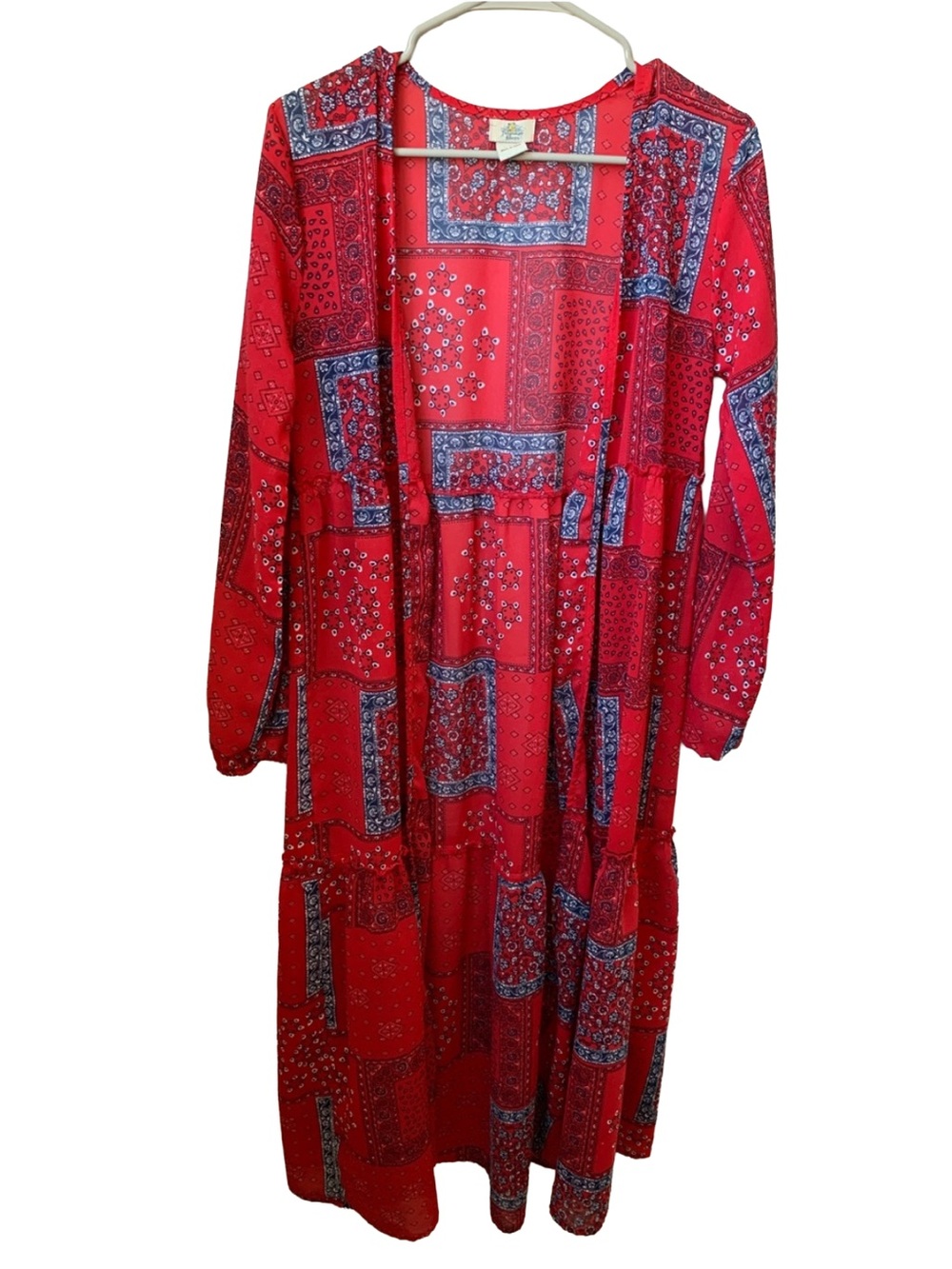Red Blue White Print Long Sleeve Duster Rayon Kimono